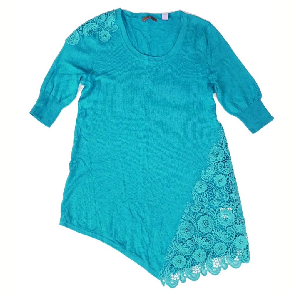 Cullen Cashmere Sweater Top Turquoise Blue Lace Cotton/Silk/Cashmere 3/4 Sleeve